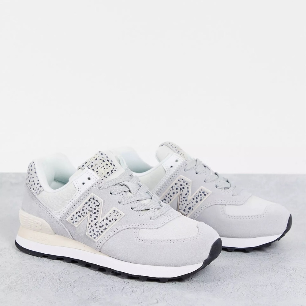 Women’s New Balance 574 animal sneakers in white/gray/peach and leopard